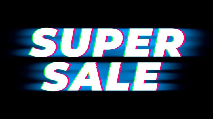 Promozione Super Saldi con testo effetto glitch vintage.