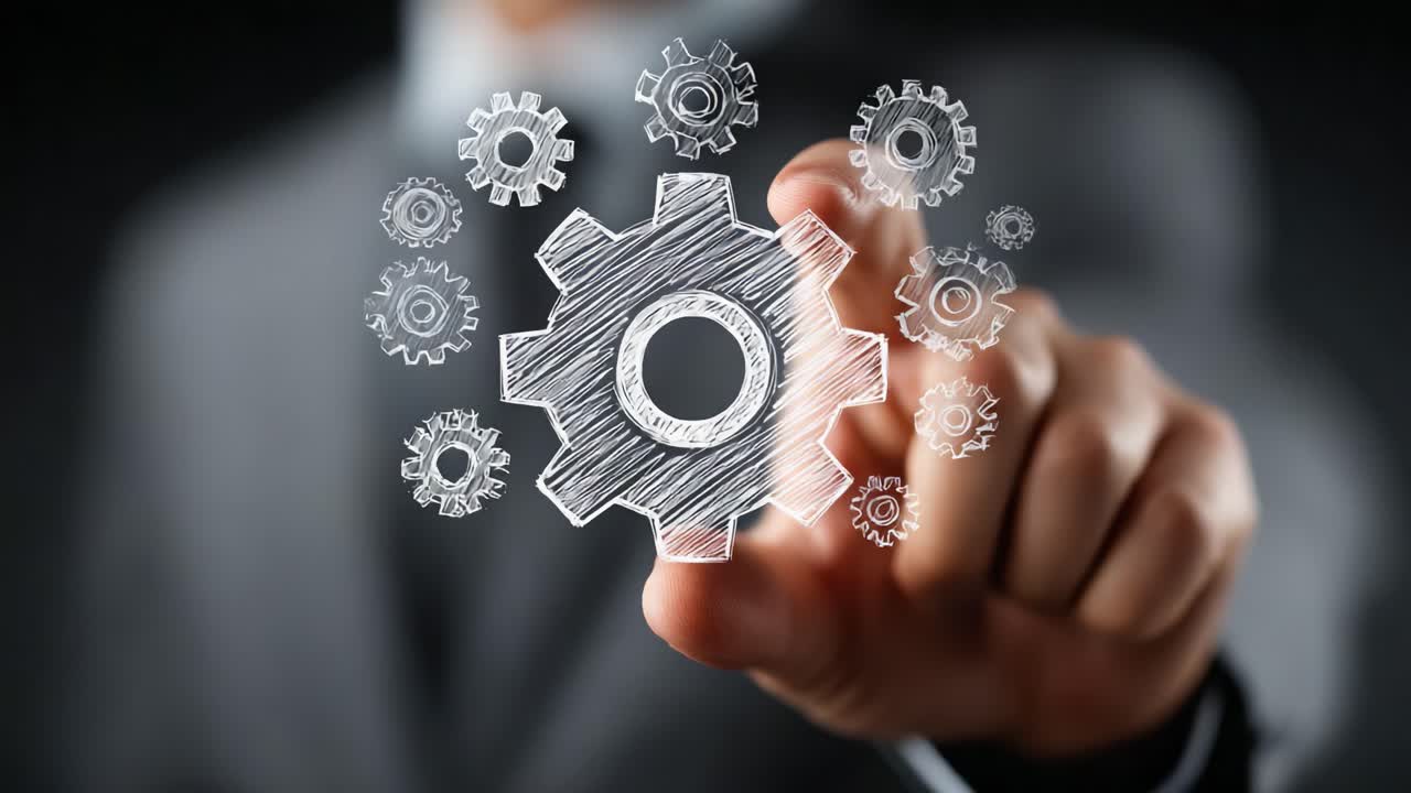 Innovative Business Solutions through Technology: A Professional in a Suit Manipulates Gear Graphics to Enhance Efficiency and Workflow in Modern Industries