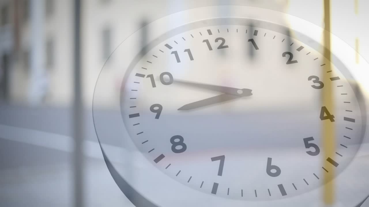 Pedestrian entering left starting, clock hands rotating clockwise, faint clock showing time passing