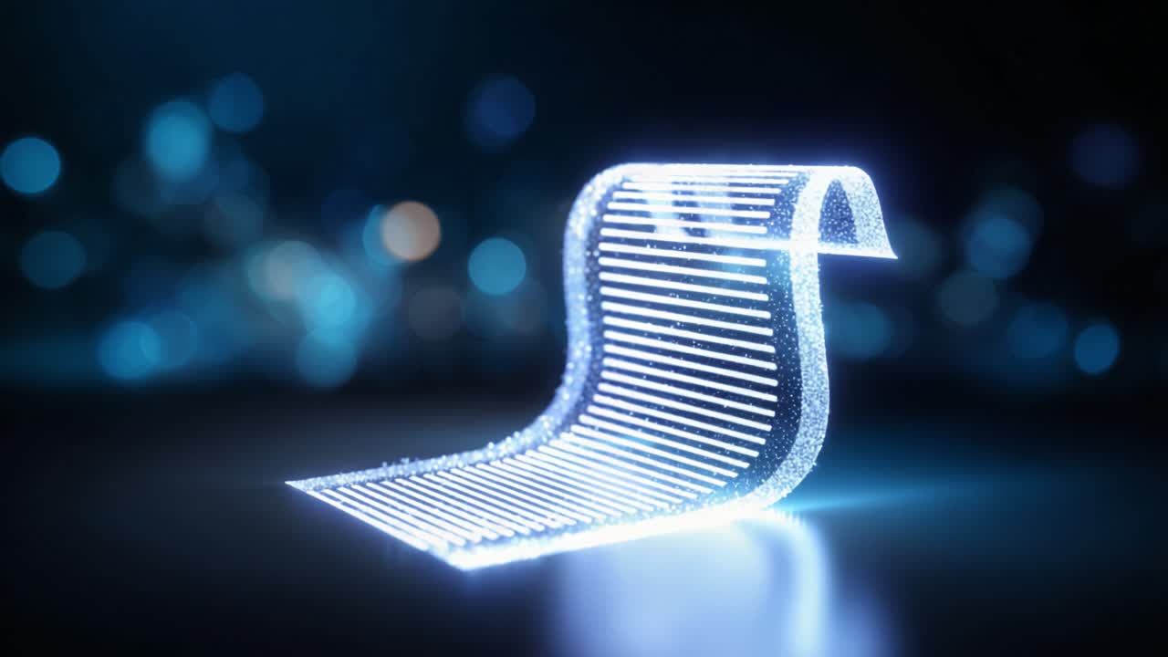A Digital Scroll Displaying Glowing Code Patterns Unfolds in a Mystical Blue Environment, Representing Advanced Technology and Information Flow in a Futuristic Aesthetic