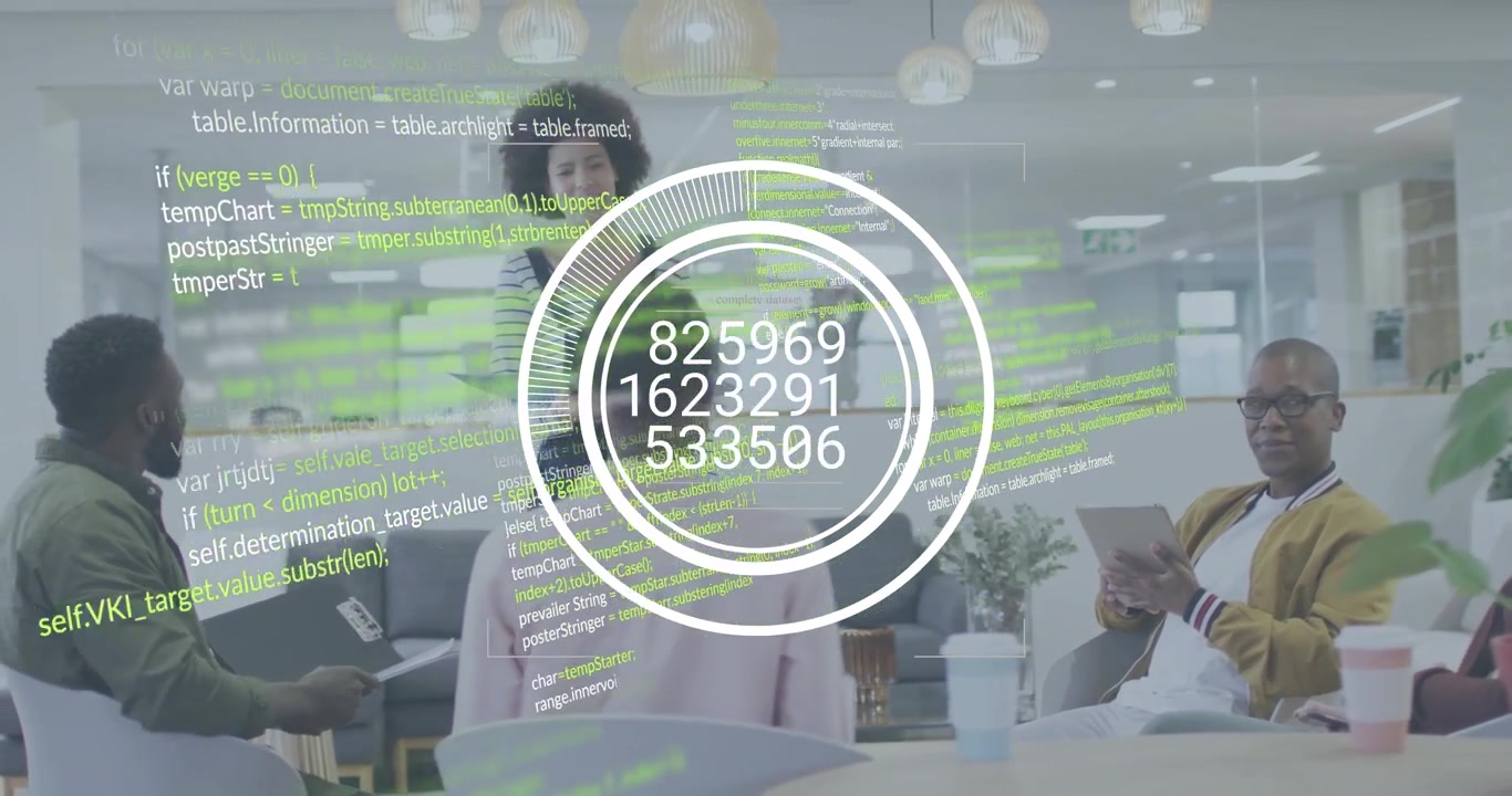 Presenter gesturing toward business graphics generating code overlays on colleagues for briefing