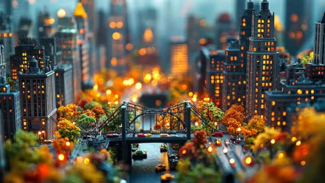 cityscape with warm lights and vibrant autumn trees near a bridge