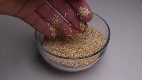 a clear glass bowl filled with raw uncooked white quinoa. a hand comes into frame and dips its fingers into the quinoa and starts touching and inspecting the grains