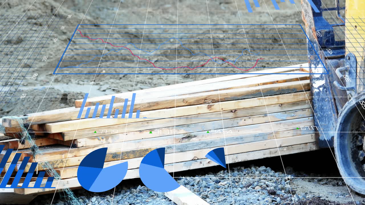 건설 현장에서 나무판 어리를 운반하는 크레인 위에서 데이터 처리의 애니메이션