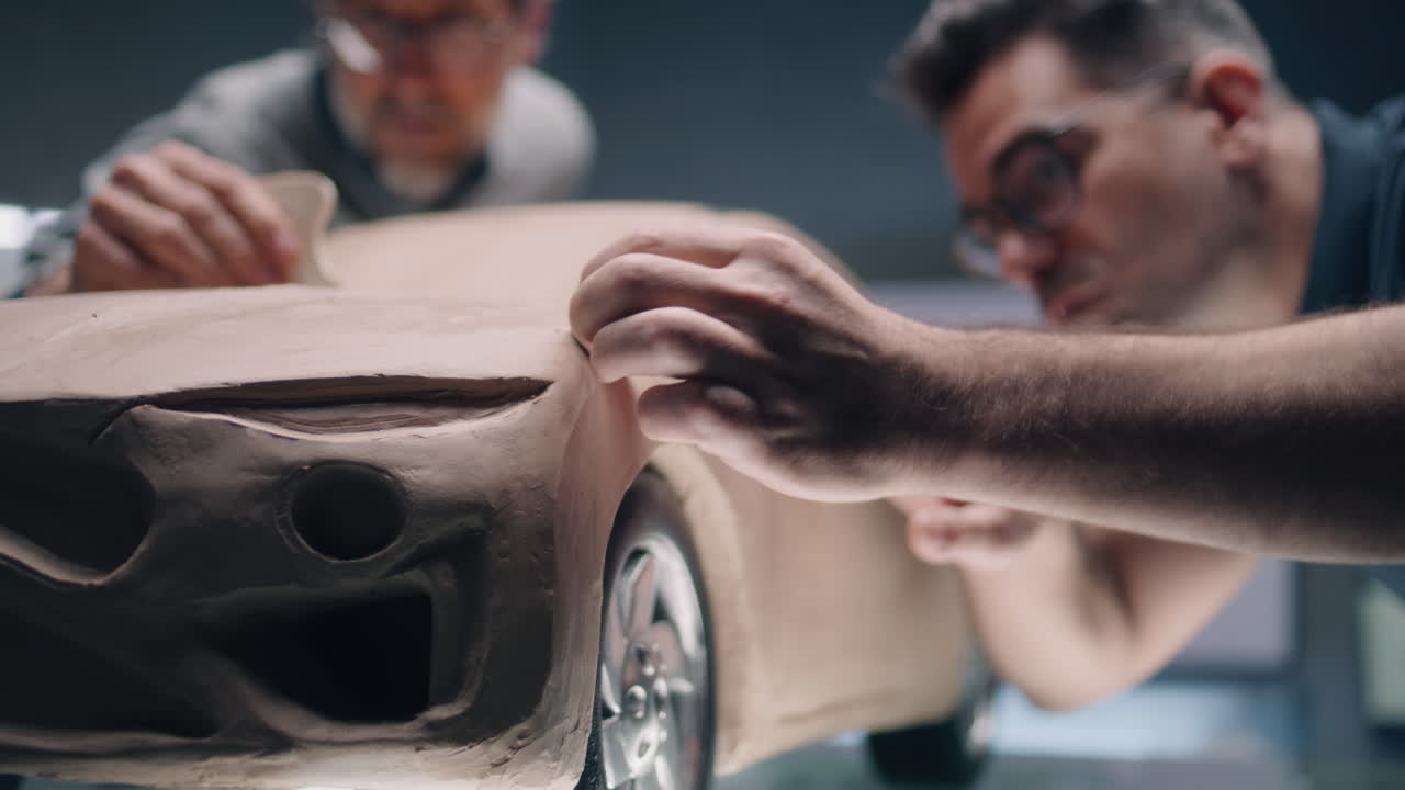 equipo de diseño de automóviles trabajando en un modelo de arcilla