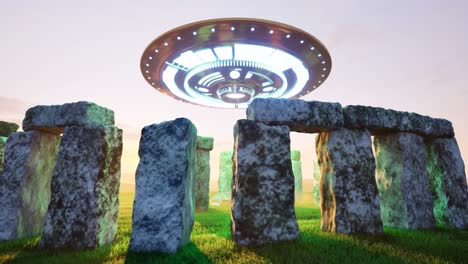 Stonehenge,-an-ancient-megalithic-stone-structure,-monument,-with-UFO-hovering-and-rotating-above-it,-with-neon-lights,-on-sunset,-3D-animation,-camera-moving-around-it