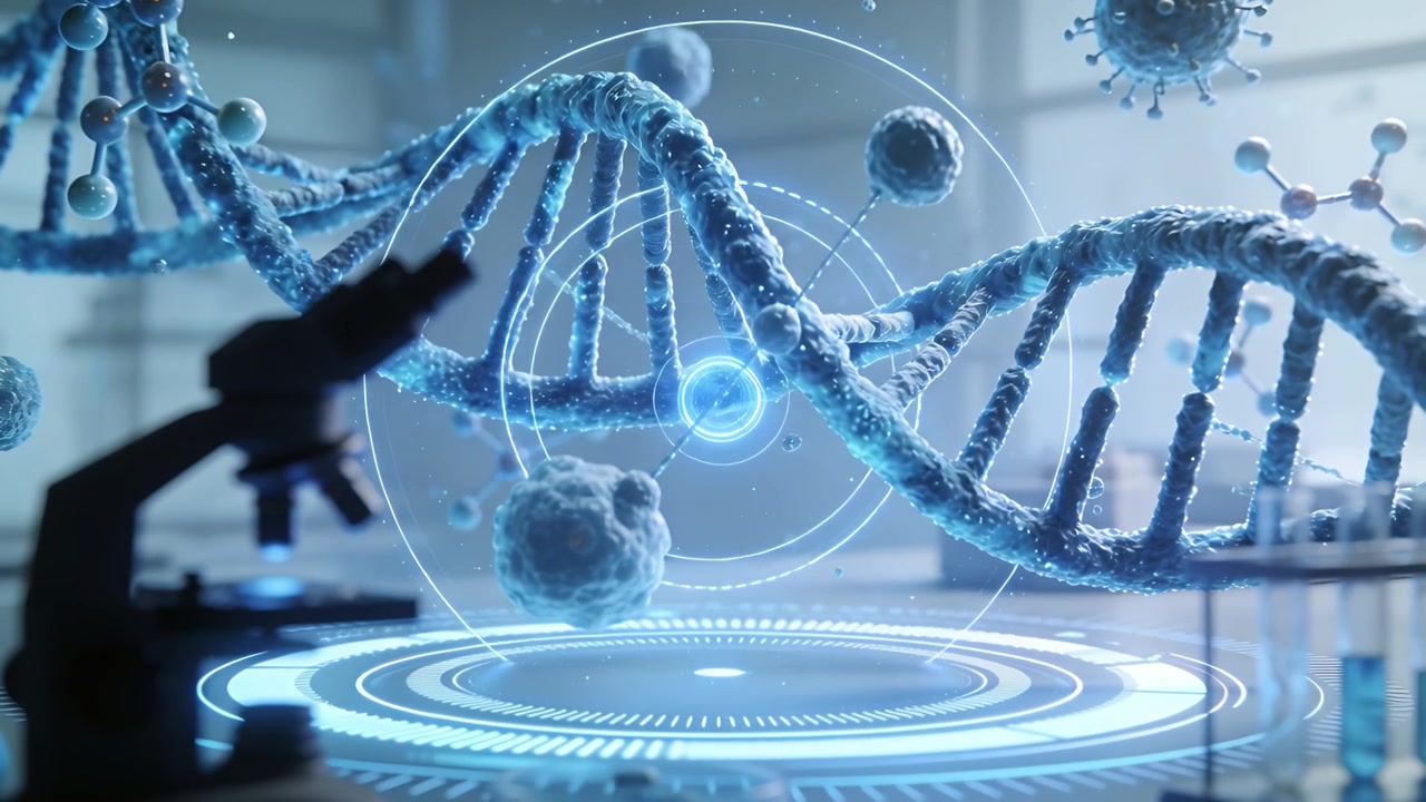 Elica di DNA testurizzata che ruota in laboratorio, con un HUD che appare e si aggancia alla spirale per l'analisi con un microscopio.