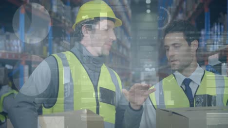 animación de estadísticas y procesamiento de datos financieros sobre los hombres que trabajan en el almacén
