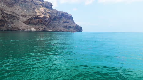 barco y grupo de delfines nadadores cerca de la costa de shoab en la isla de socotra en yemen