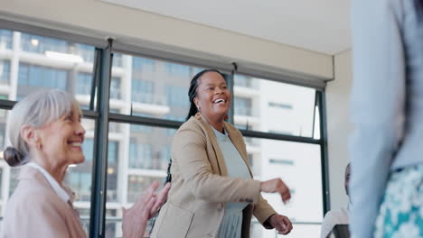 business, woman and handshake with welcome