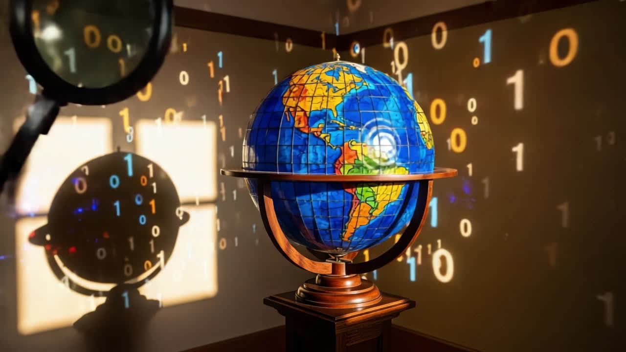A Vibrant Globe Surrounded by Binary Code and Magnifying Glasses, Symbolizing the Intersection of Geography and Digital Information in a Modern World
