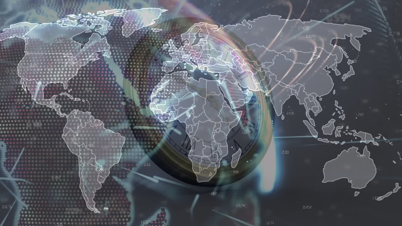 анимация карты мира над движущимися часами на белом фоне
