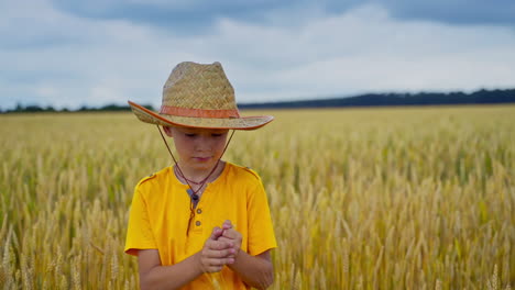 portrait of a smiling boy outdoors. little child in straw hat and yellow t-shirt standing inside the agriculture field and looking to camera.