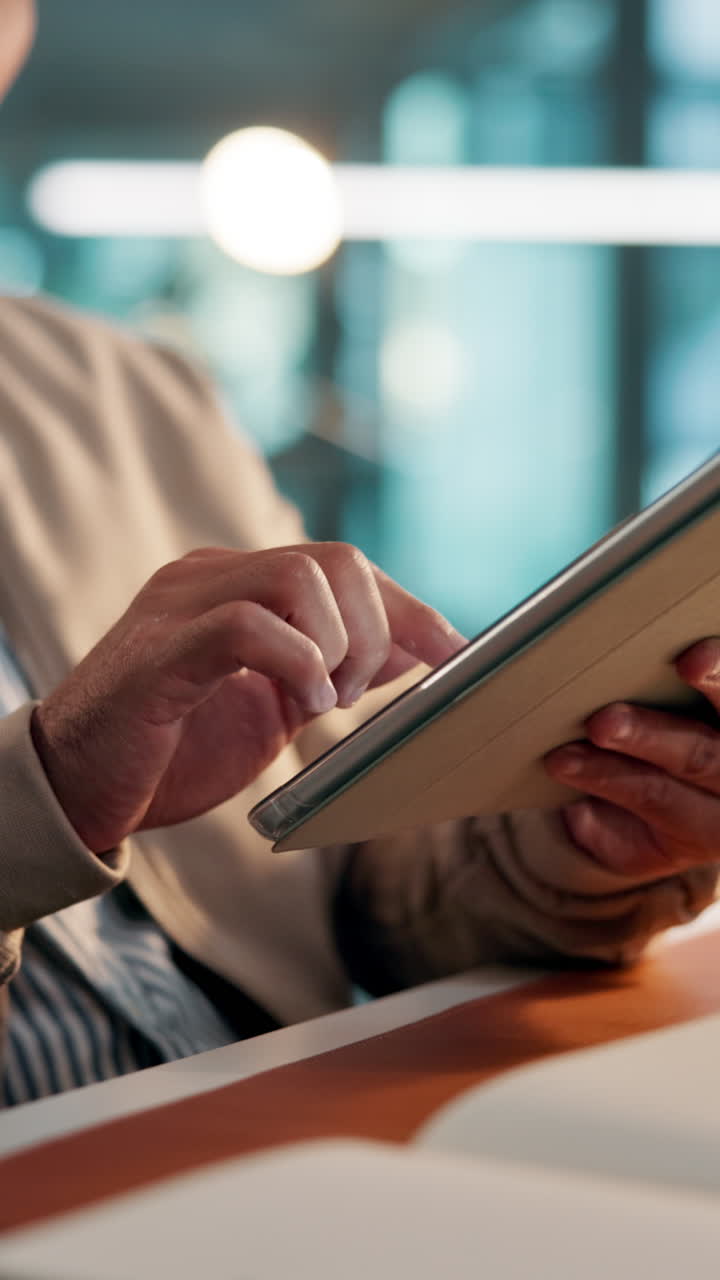 Close Up of Person's Hands Using a Digital Tablet
