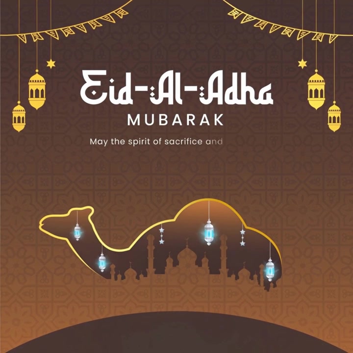 Animazione banner di auguri Eid al-Adha con sagoma di cammello, skyline di moschea e luci di lanterne sospese.
