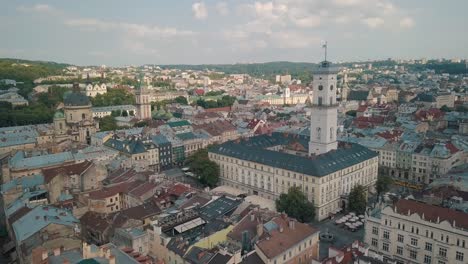 aerial drone video of european city lviv, ukraine. rynok square, central town hall, dominican church