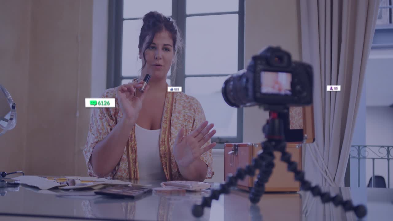 Beauty creator holding tube at camera rig causing animated viewer and like counters rising