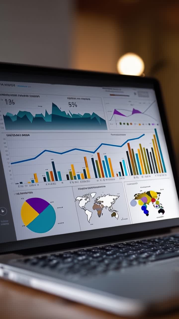 Detaljert analyse av datainnsikt: Visuelle fremstillinger av grafer, diagrammer og statistikk vist på en bærbar skjerm for grundig gjennomgang og tolkning.