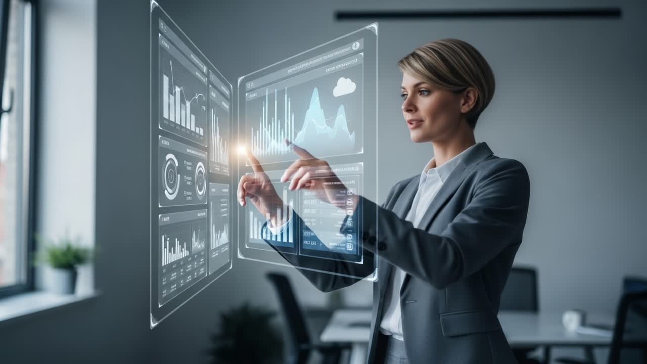 A Professional Woman Analyzing Data with a Futuristic Touchscreen Display in a Modern Office Environment, Reflecting on Key Metrics and Insights for Better Decision Making