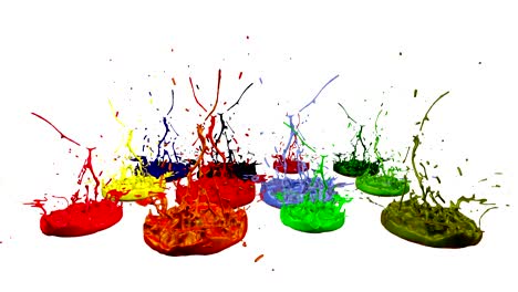 3d splashes of paint dance in 4k on white background. simulation of splashes of ink on a musical speaker that play music. v6