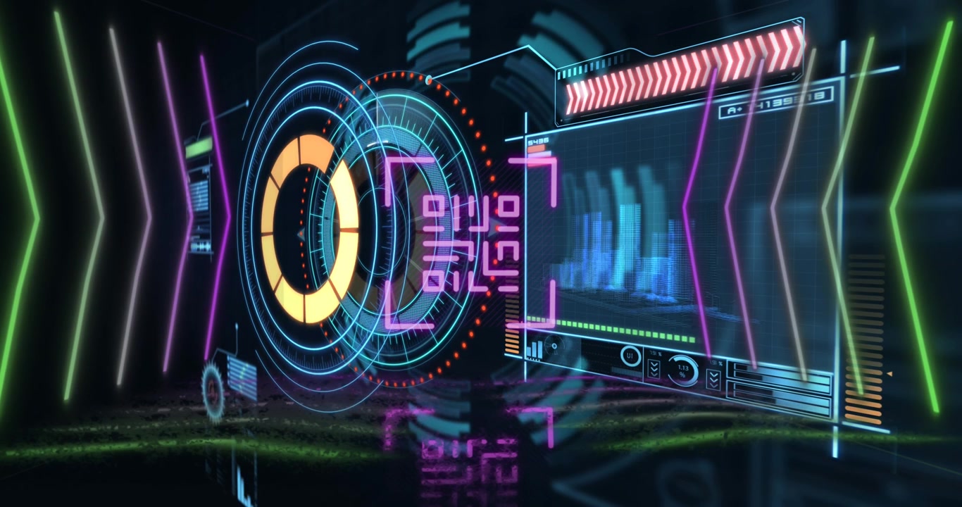 Animation af neon QR-kode med linjer over databehandling og skanningsomfang på sort baggrund