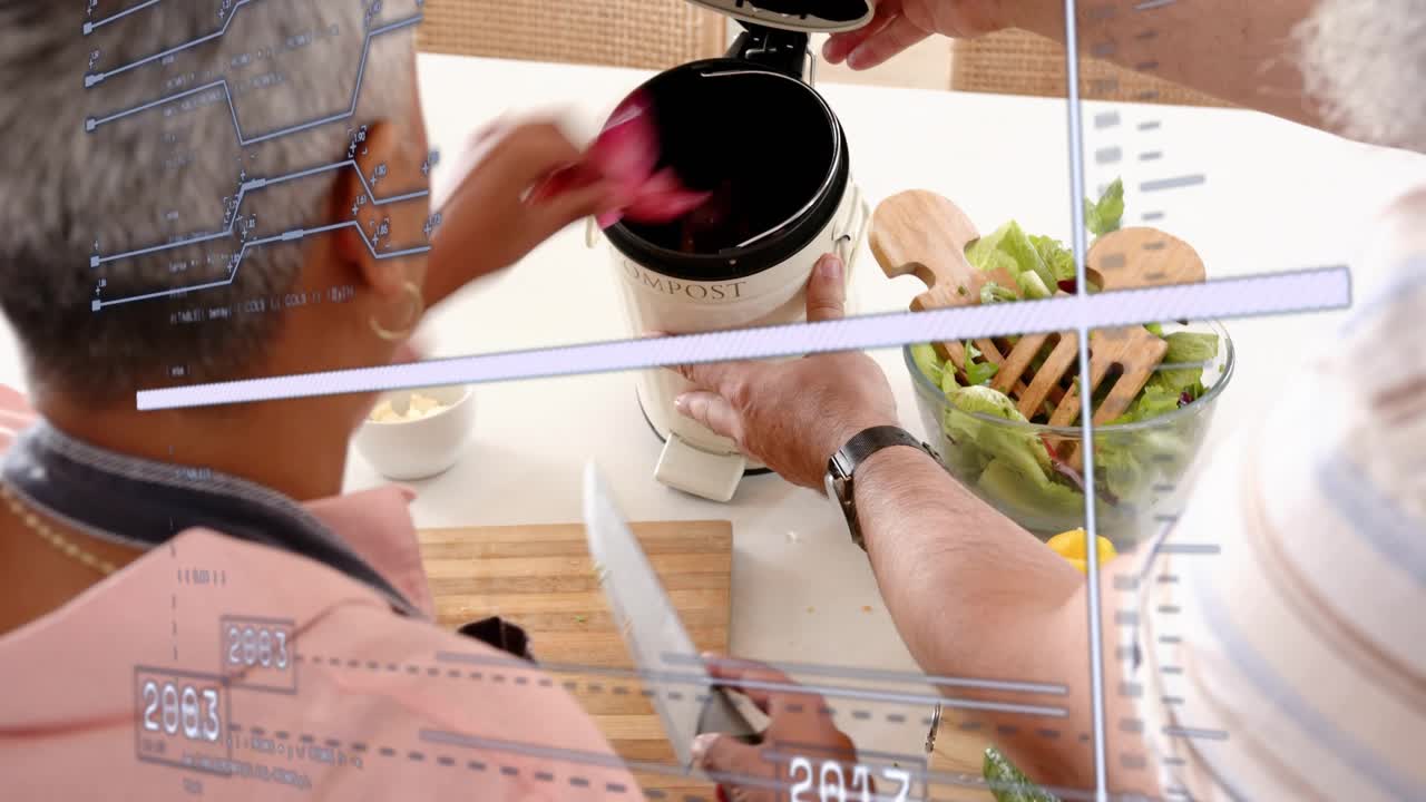 Woman cutting peppers starting timeline, man holding bin transferring scraps into kitchen compost