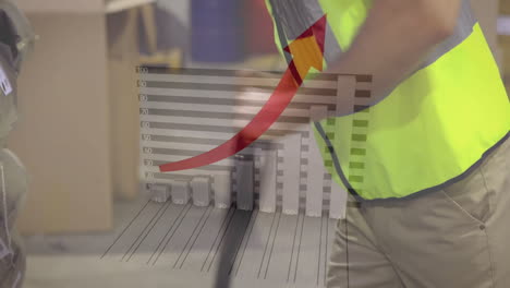 rising bar chart animation over worker in high-visibility vest using equipment