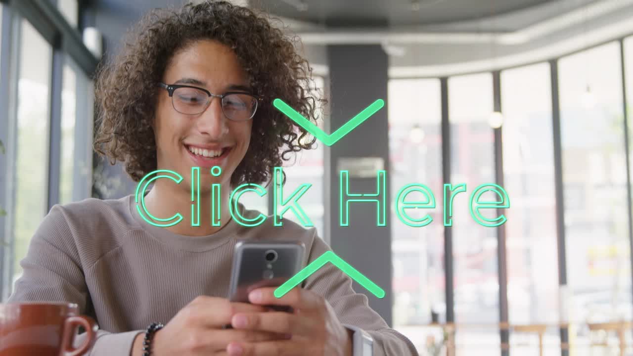 Adult man tapping smartphone at cafe window, engaging marketing overlay Click Here and smiling