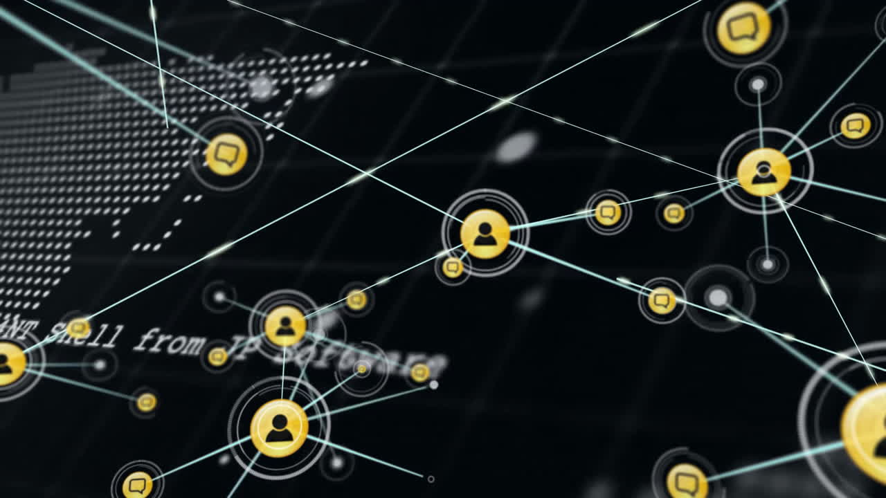 animación de la red de conexiones con iconos sobre el mapa del mundo y procesamiento de datos
