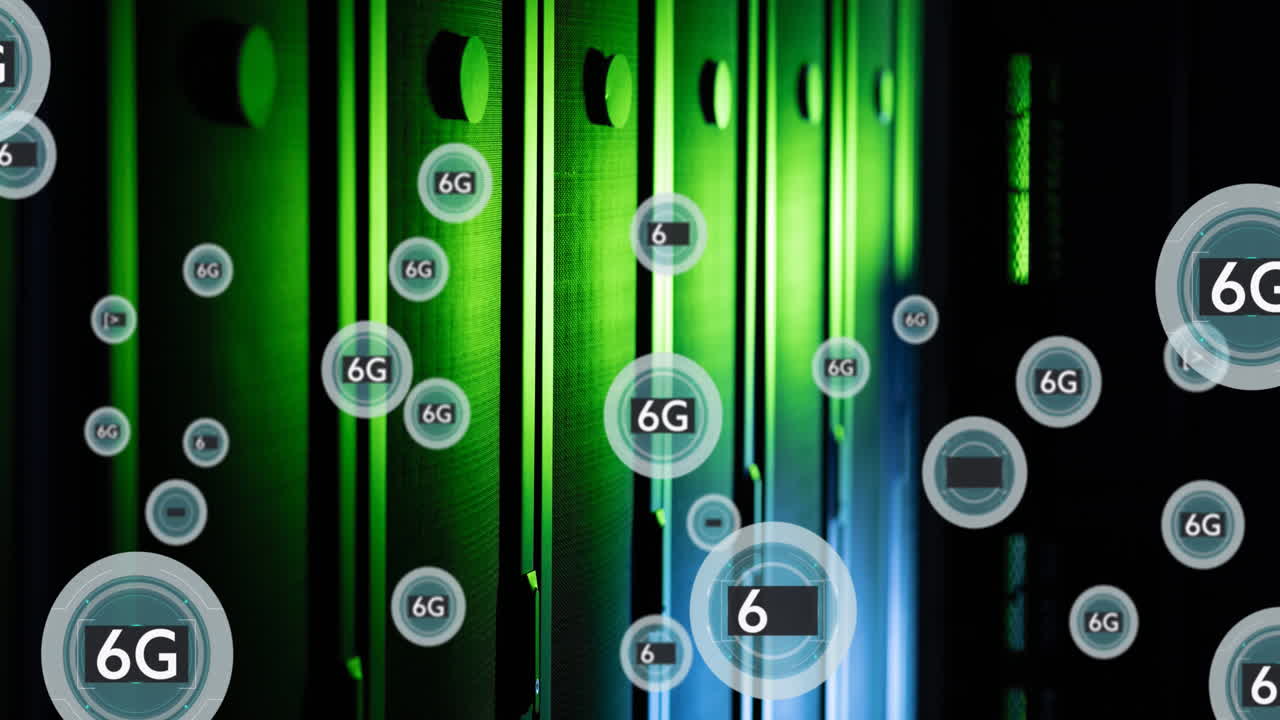 데이터 서버 랙 위의 6g 및 특수 문자 텍스트와 함께 원의 애니메이션