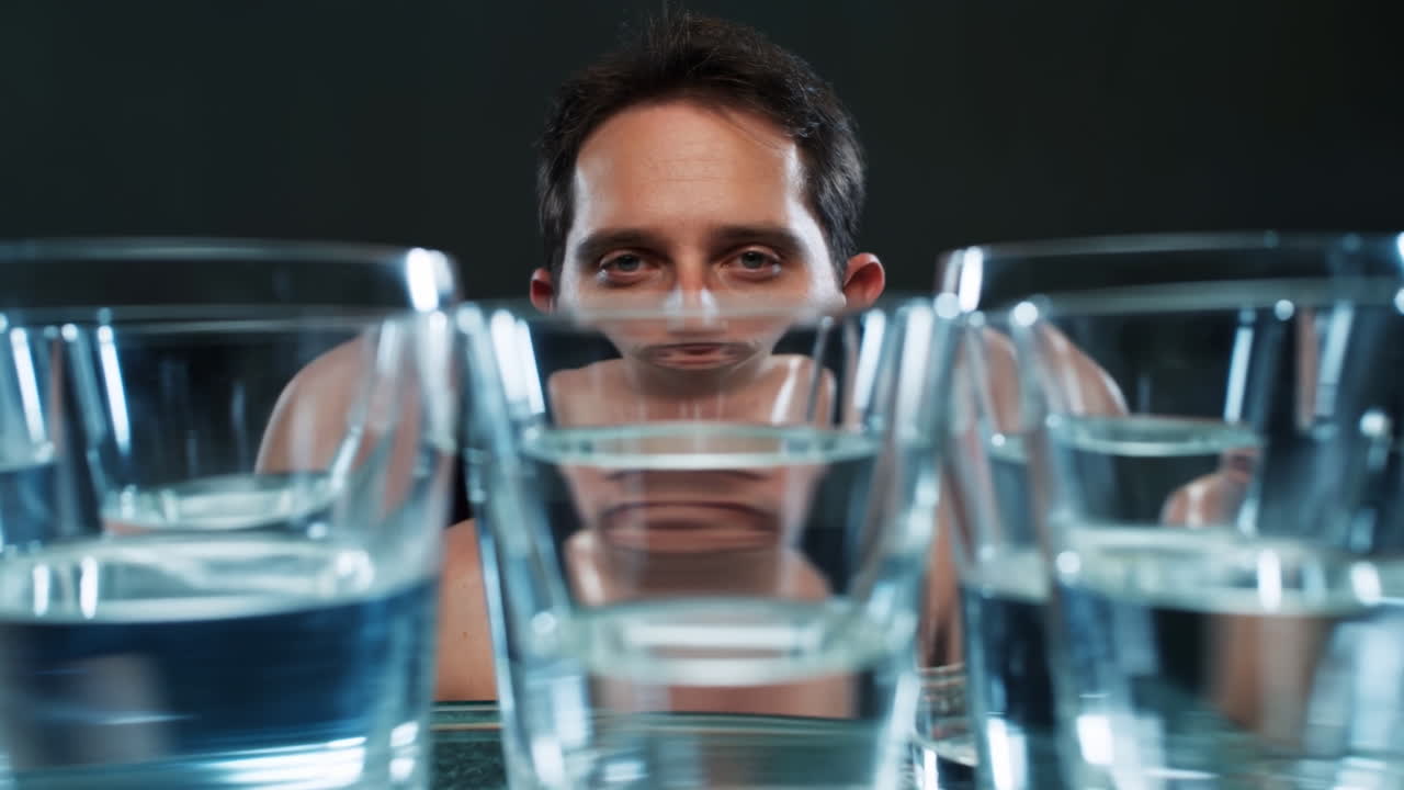 Man's Face Distorted Through Multiple Glasses of Water