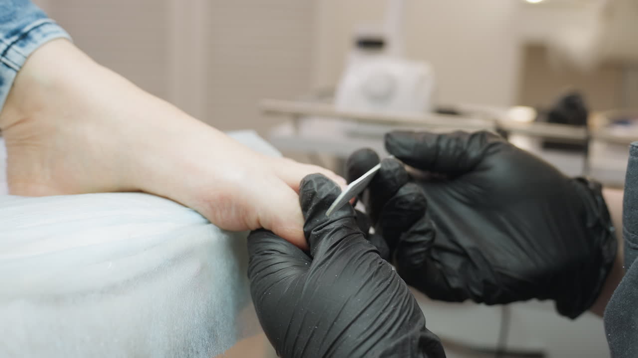 Technician wearing black gloves carefully filing toenails of client lying on treatment chair, with tools and equipment visible in blurred background of clean, professional salon environment