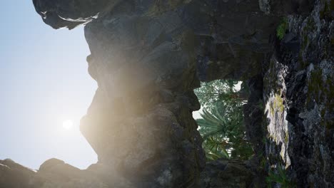 vertical shot of tropical cave at sunset