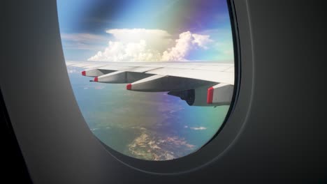 looking out passenger plane window in flight reveals an expansive panorama of the skies, where billowing clouds stretch as far as the eye can see, traveling and air transportation concept