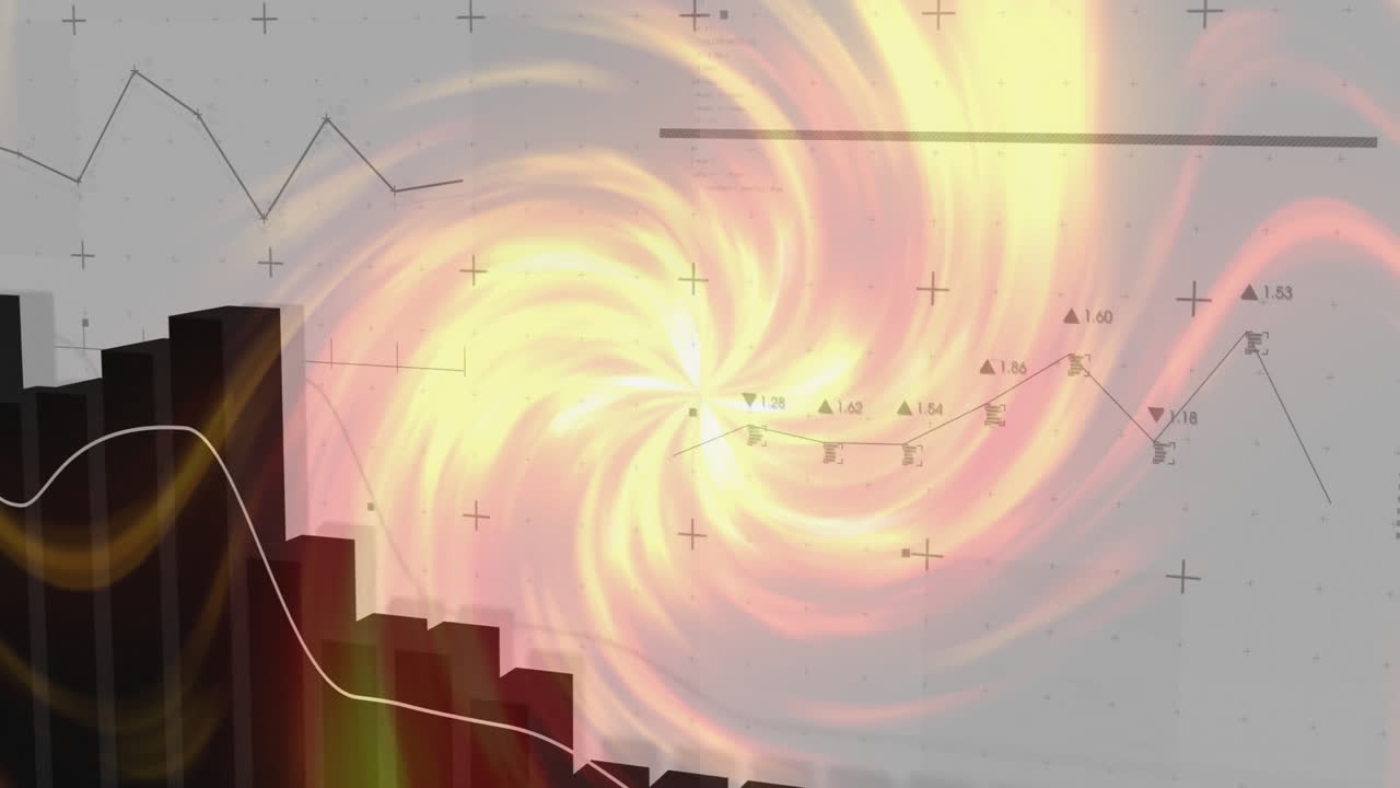 Financial graphs and data charts with swirling light animation in background