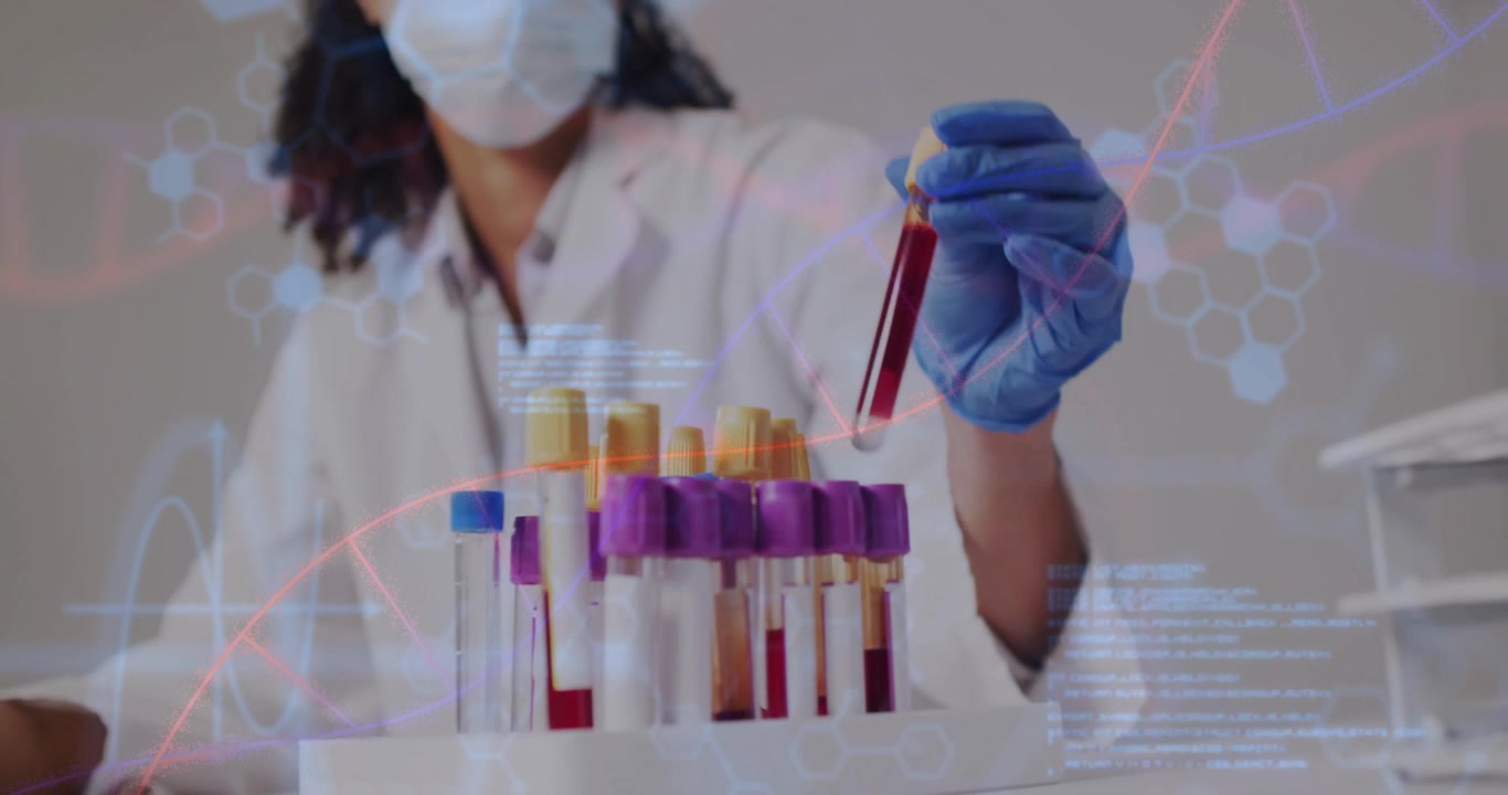 Vertical video: Reaching tech in lab coat and blue gloves inspecting blood tube at rack in lab