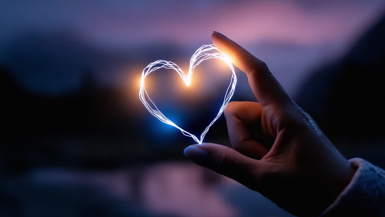 Una mano creando una forma de corazón brillante con destellos sobre un bello fondo crepuscular, que simboliza el amor y la conexión en un ambiente encantador.