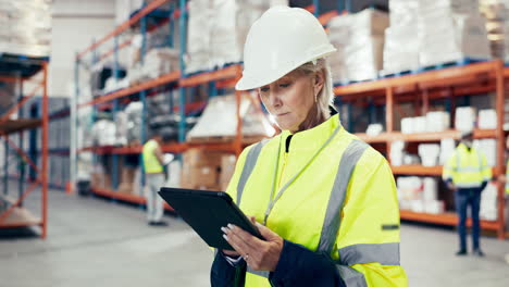 Industrial-woman,-face-and-tablet-for-logistics