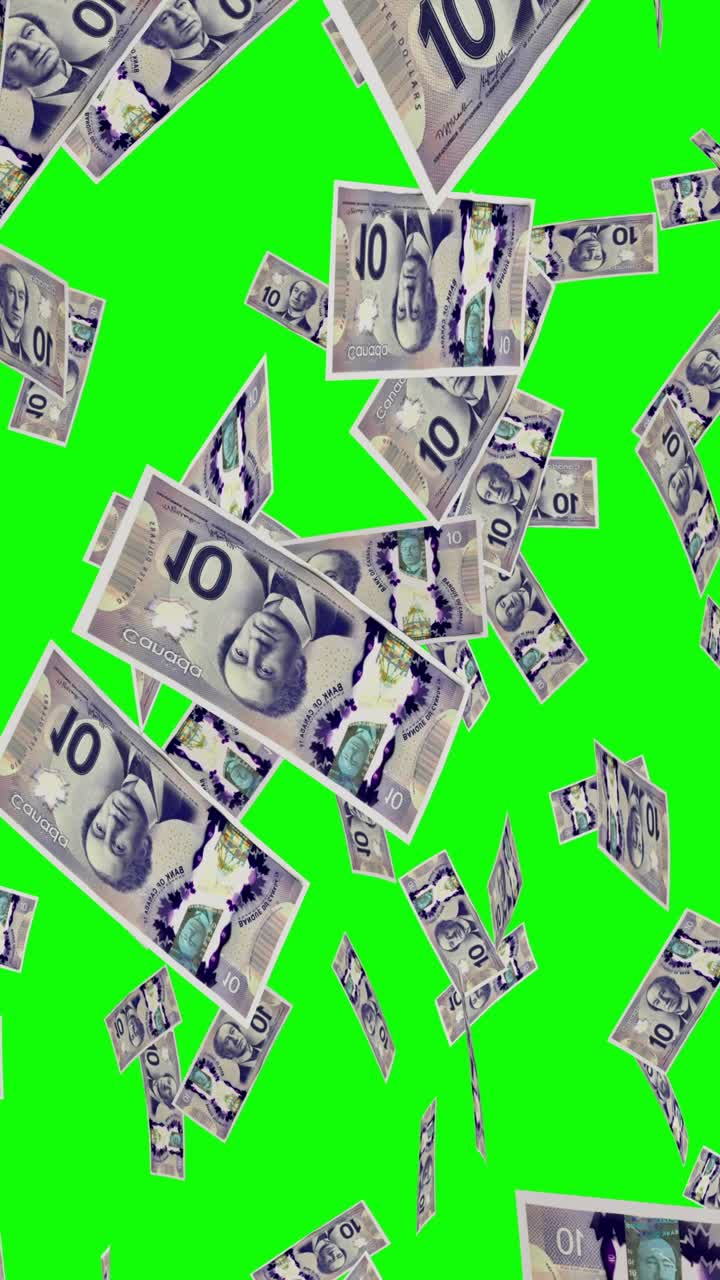 Caduta di banconote canadesi da 10 dollari su schermo verde