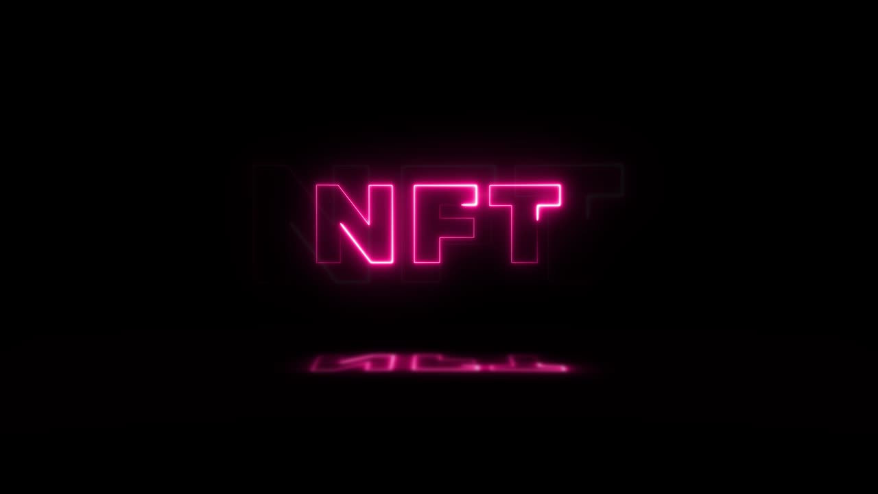 Word 'NFT' neon glowing on a black background with reflections on a floor. Neon glow signs in seamless loop motion graphic