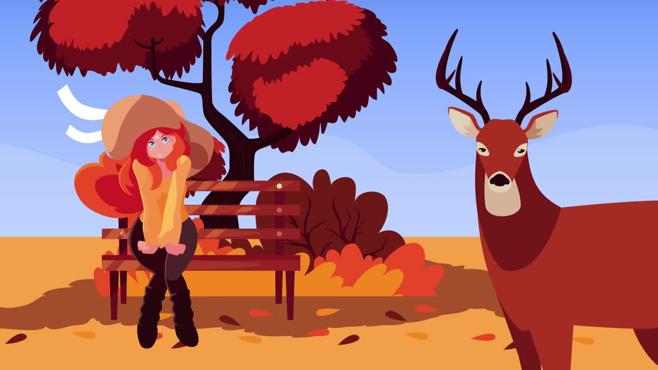mujer sentada en un banco en un parque de otoño con un ciervo