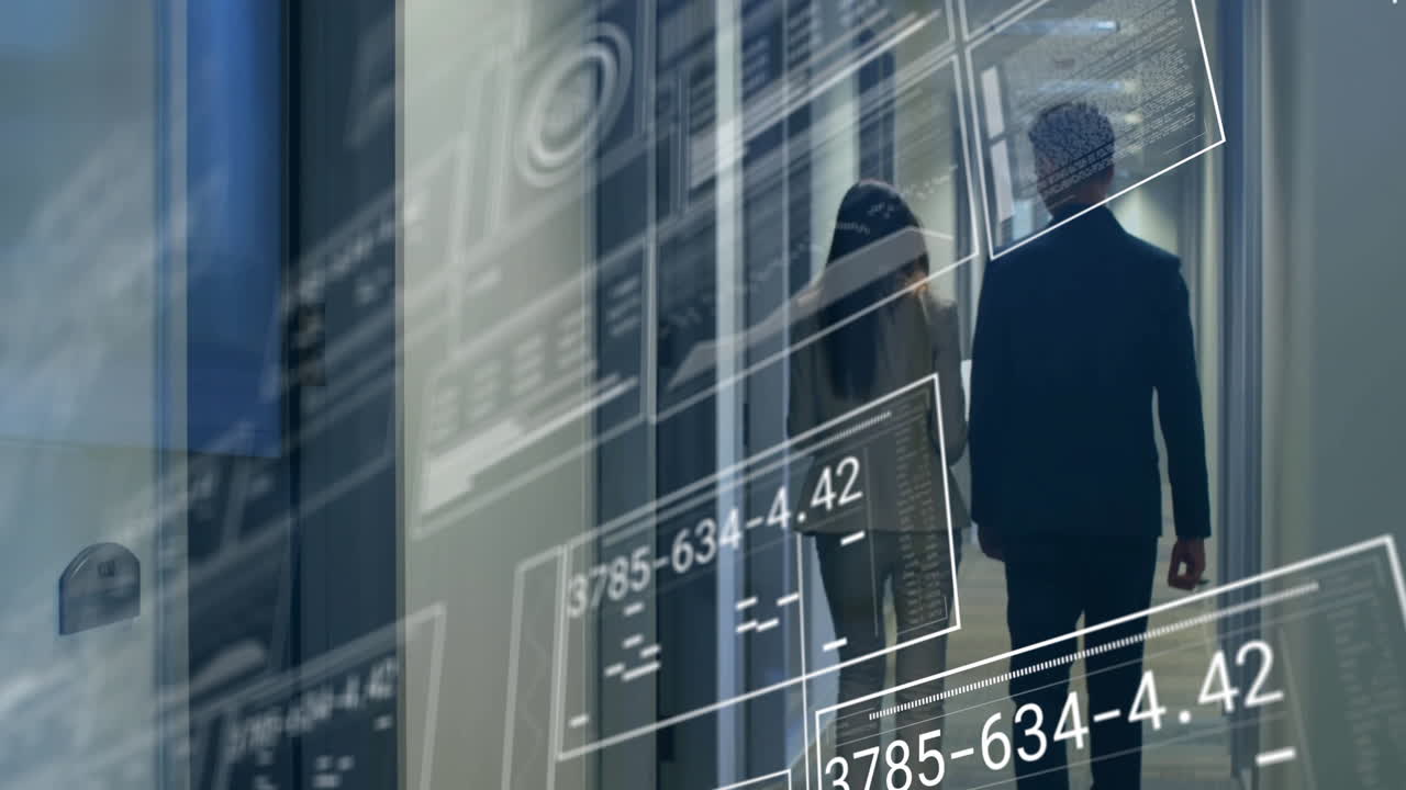 Walking in modern office hallway, digital data overlaying people in animation