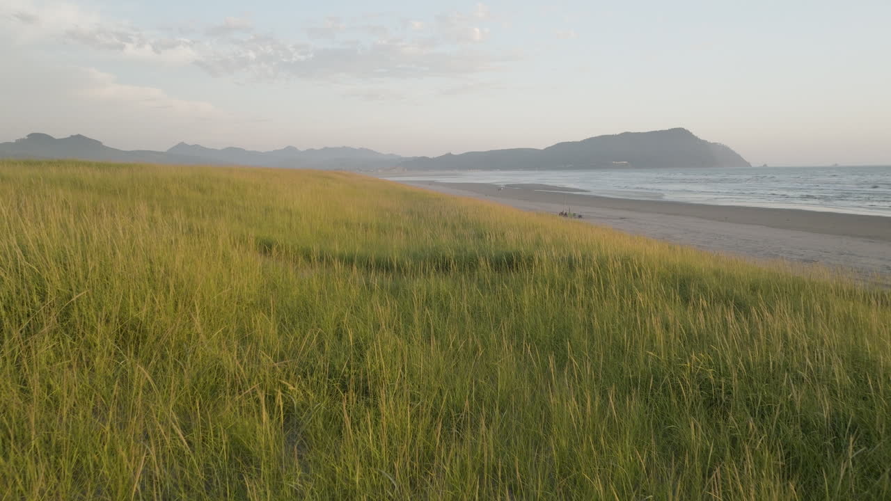 Aerial dolly over grassland on sloping hills of dunes connecting to sandy beach along Oregon coast
