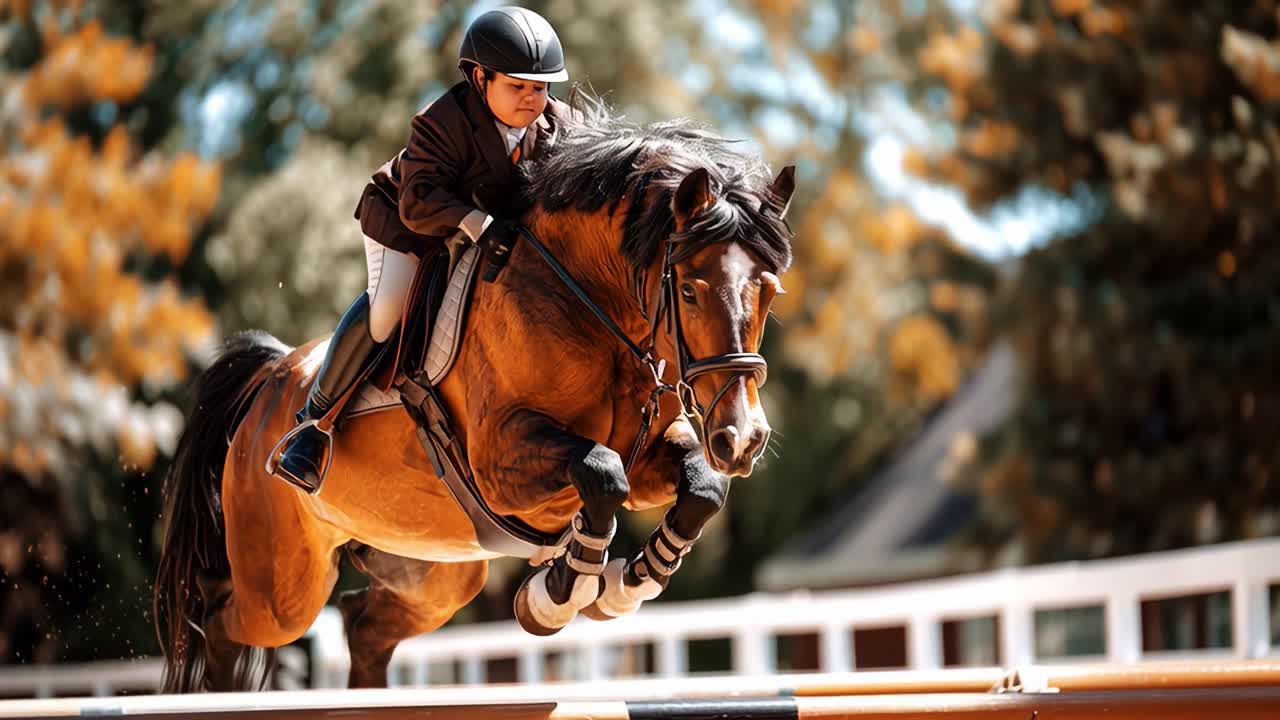 Un/Una giovane cavallerizza dimostra abilità ed eleganza mentre salta un ostacolo con il suo cavallo maestoso in un'arena esterna soleggiata, mettendo in mostra la bellezza dell'equitazione