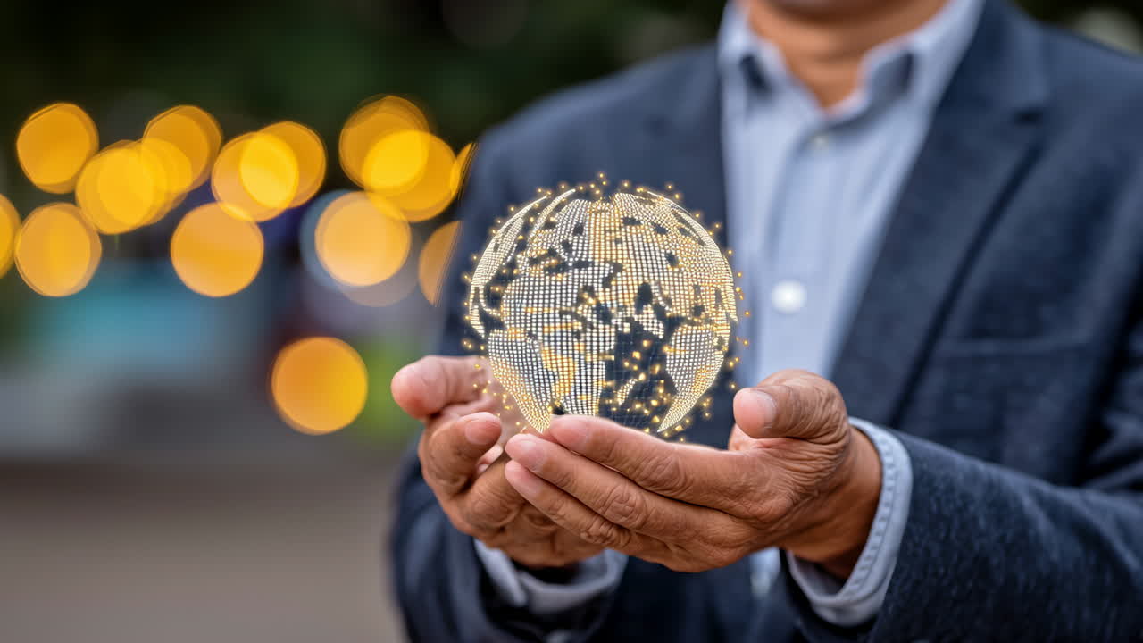 Holding a glowing globe in urban setting. A man in a suit presents a glowing globe with digital patterns in a vibrant urban environment during evening hours