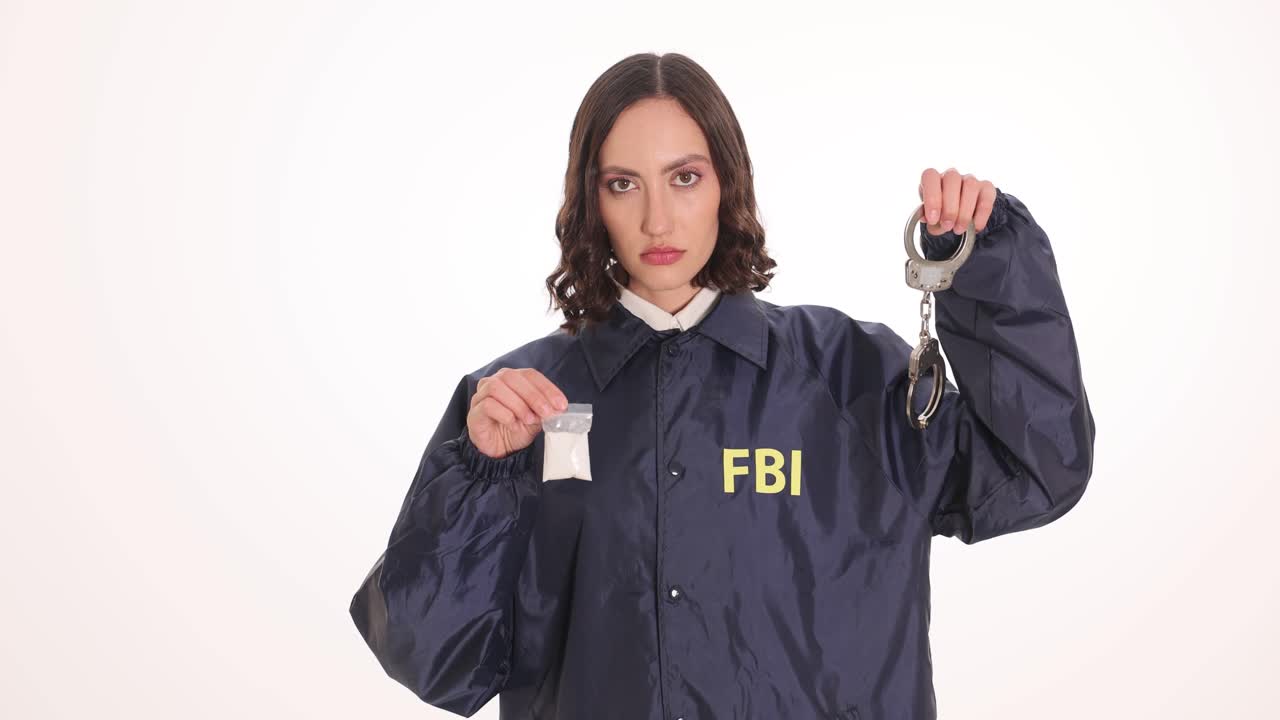 Woman dressed as FBI agent with drug bag and handcuffs