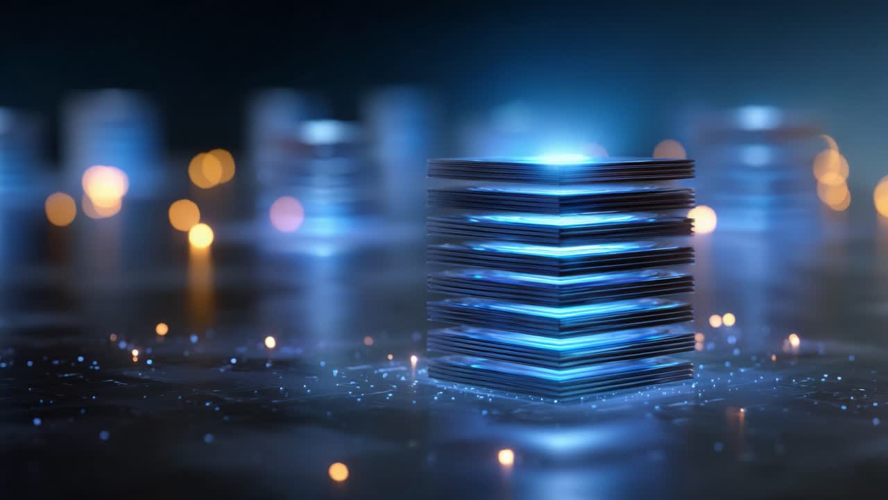 A Stunning Visual of Stacked Digital Layers Illuminated by Glowing Lights, Representing Modern Technology and Innovation in a Calm and Atmospheric Environment