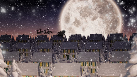 Animation-of-santa-claus-in-sleigh-with-reindeer-over-snow-falling-on-winter-town