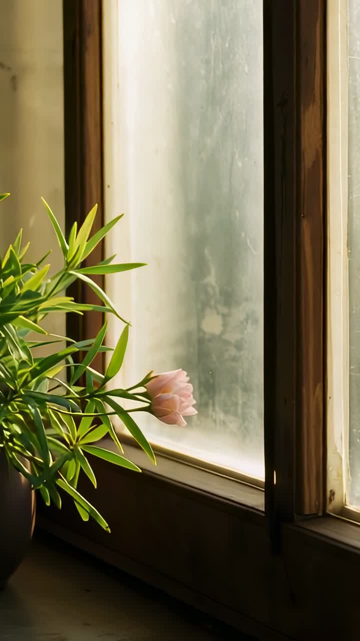 Vertical video: Showing plant leaning to glass on sill, tulip bud closing to light, copy space