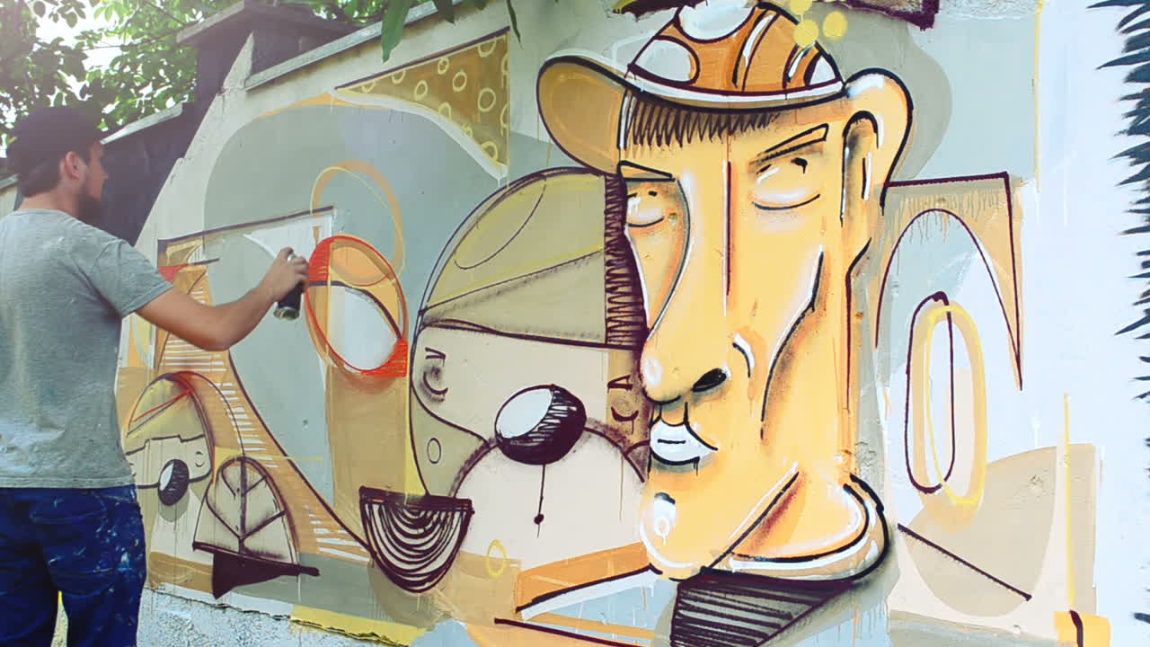 El artista dibuja grafitis en una valla. Grafiti en una valla.
